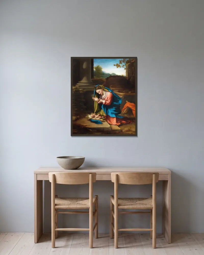 Tillbedjan av Kristusbarnet av Correggio inramad på en vägg