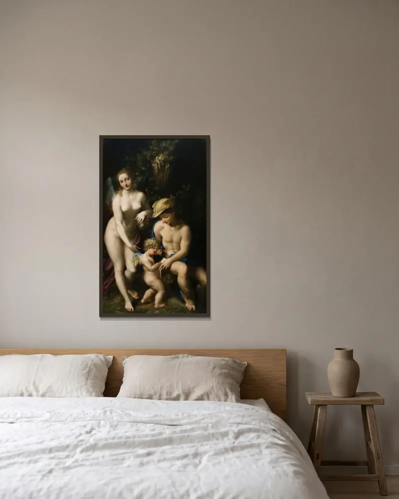 Amors uppfostran av Correggio inramad på en vägg