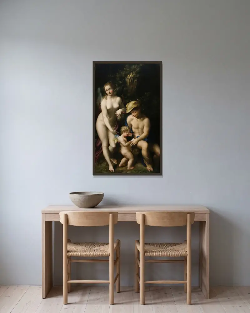 Amors uppfostran av Correggio inramad på en vägg