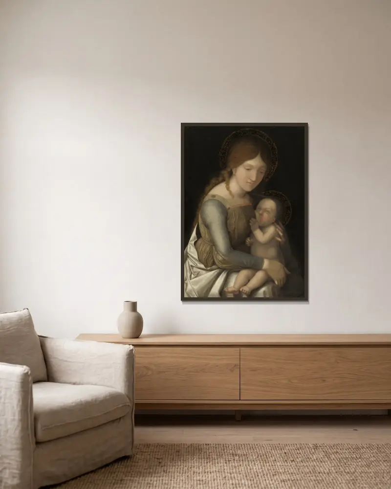 Madonna mit Kind von Correggio gerahmt an einer Wand