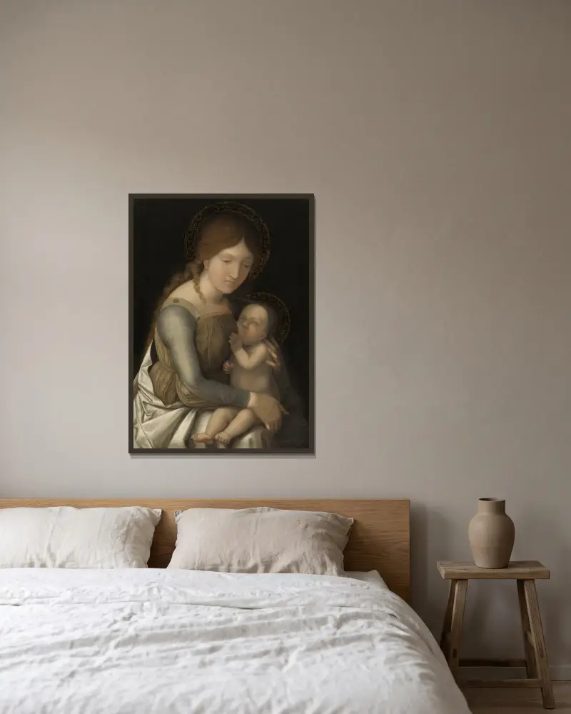 Madonna mit Kind von Correggio gerahmt an einer Wand