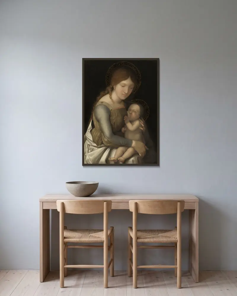 Madonna mit Kind von Correggio gerahmt an einer Wand