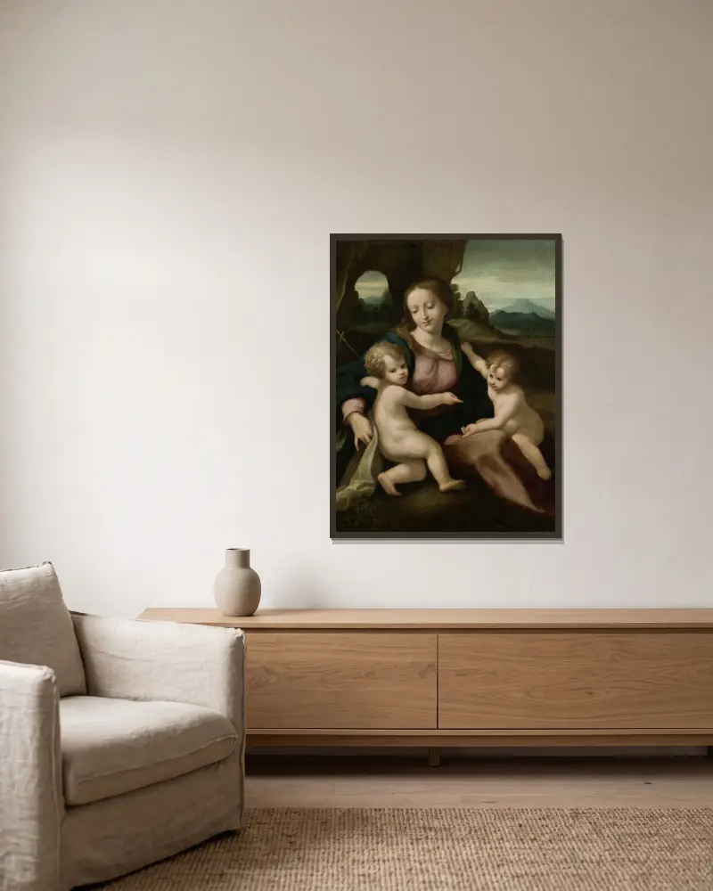 Madonna mit dem Kind und dem Johannesknaben, 1522 von Correggio gerahmt an einer Wand