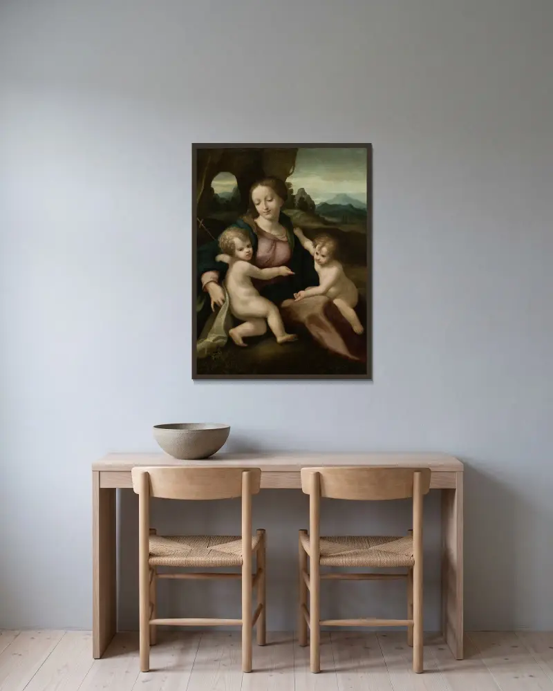 Madonna mit dem Kind und dem Johannesknaben, 1522 von Correggio gerahmt an einer Wand