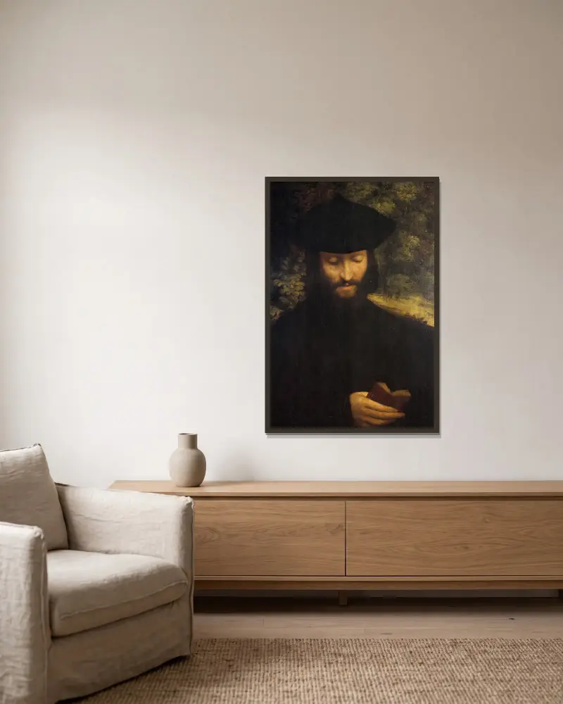Portrait of a Man with a Book av Correggio inramad på en vägg