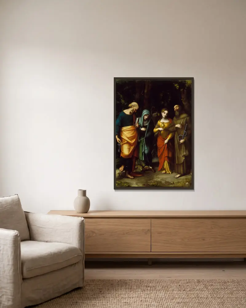 Die Heiligen Petrus, Martha, Maria Magdalena und Leonhard von Correggio gerahmt an einer Wand