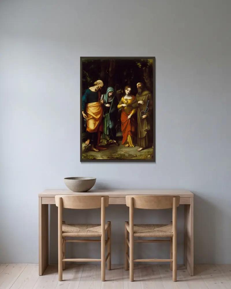 Die Heiligen Petrus, Martha, Maria Magdalena und Leonhard von Correggio gerahmt an einer Wand