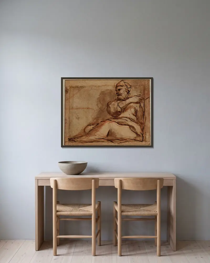 Sedící figura, obrácená doleva, Correggio v rámu na stěně