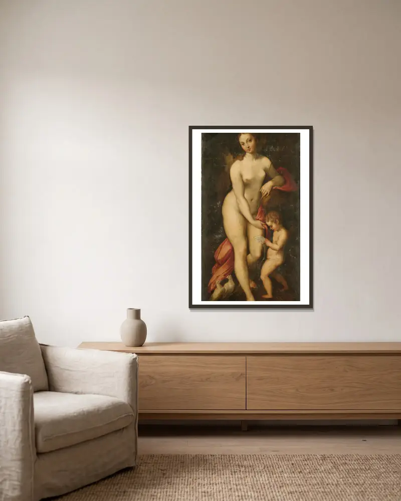 Venus und Cupido von Correggio gerahmt an einer Wand
