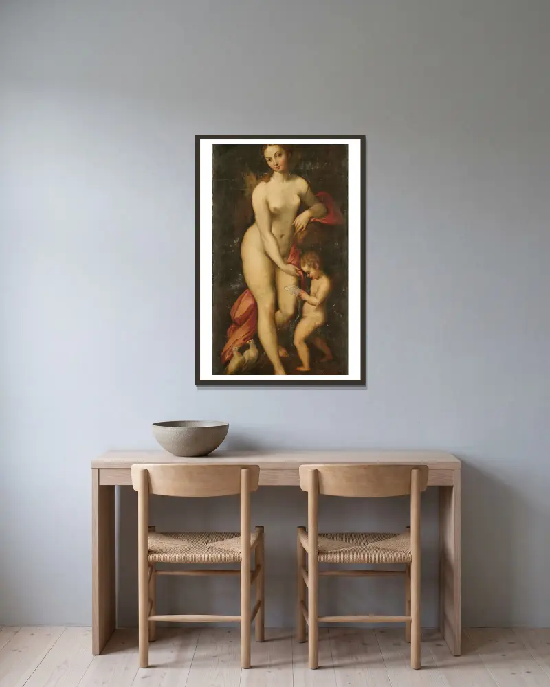 Venus und Cupido von Correggio gerahmt an einer Wand