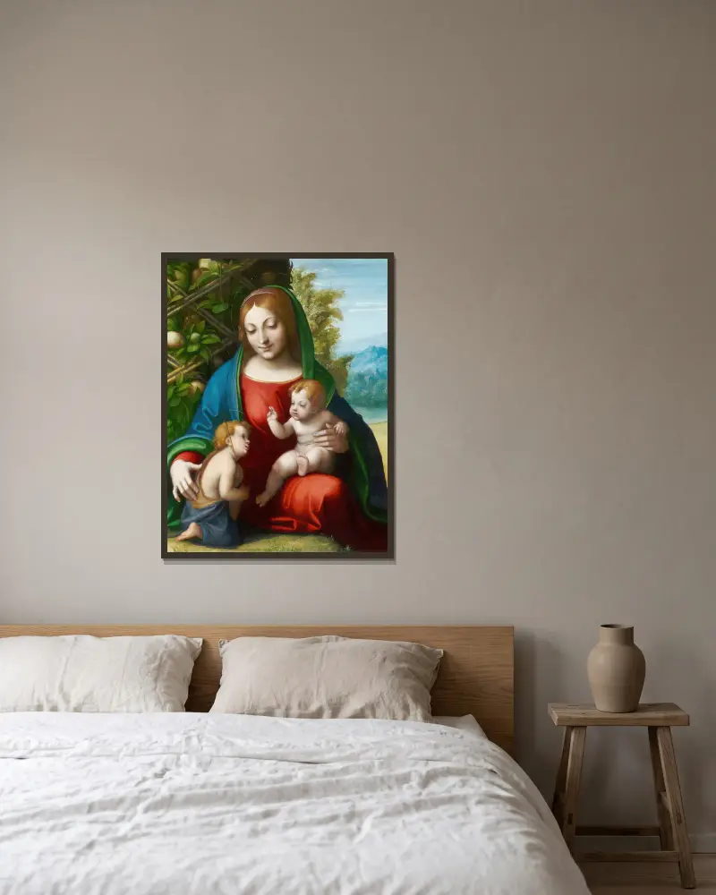 Virgin and Child with the Young Saint John the Baptist av Correggio inramad på en vägg