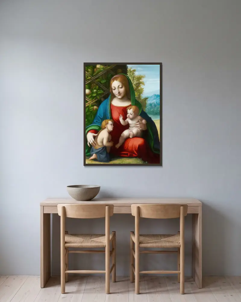 Virgin and Child with the Young Saint John the Baptist av Correggio inramad på en vägg
