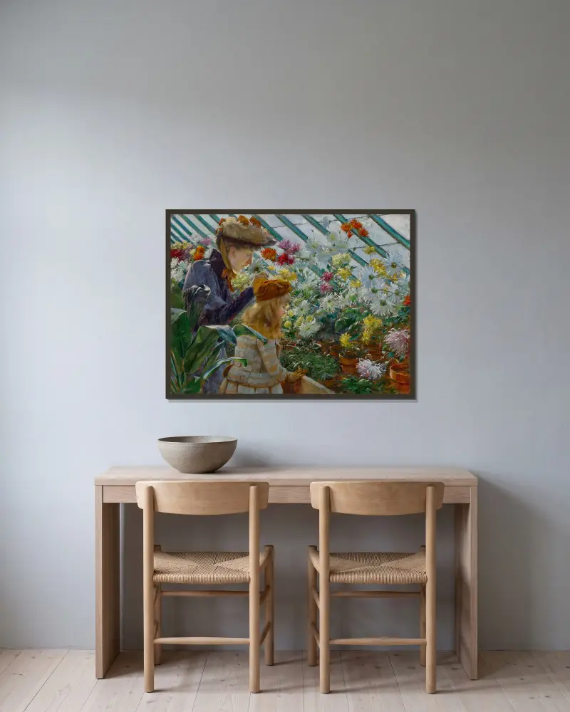 Chryzantémy, Charles Courtney Curran v rámu na stěně