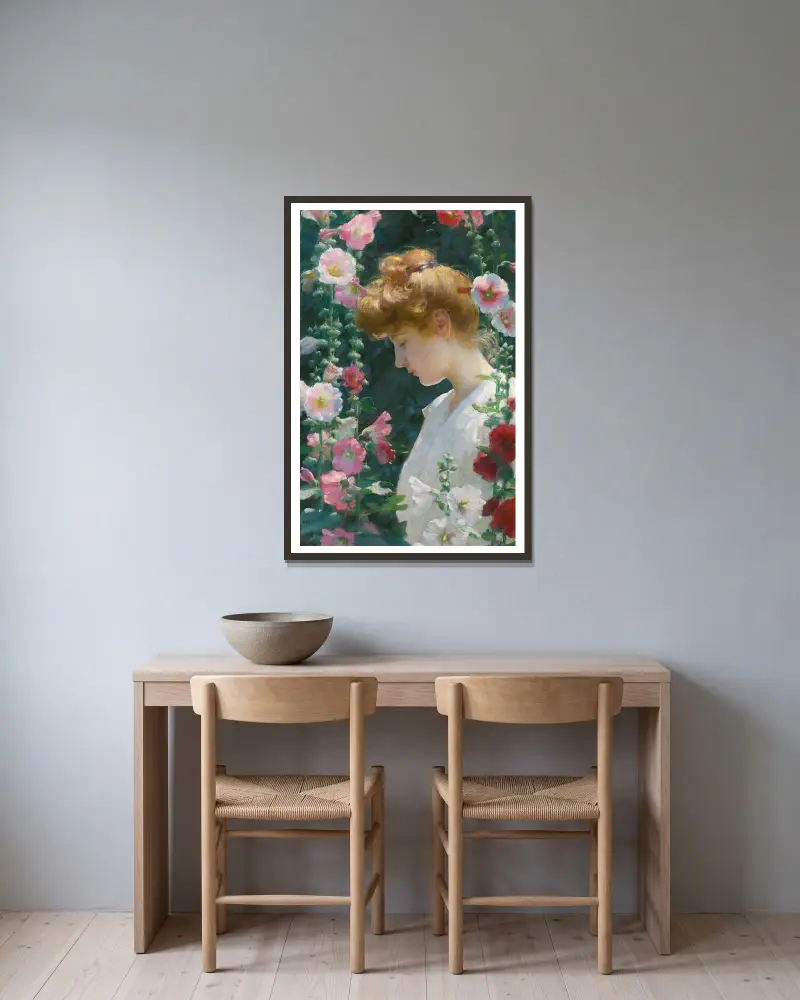 Hollyhocks and Sunlight av Charles Courtney Curran inramad på en vägg