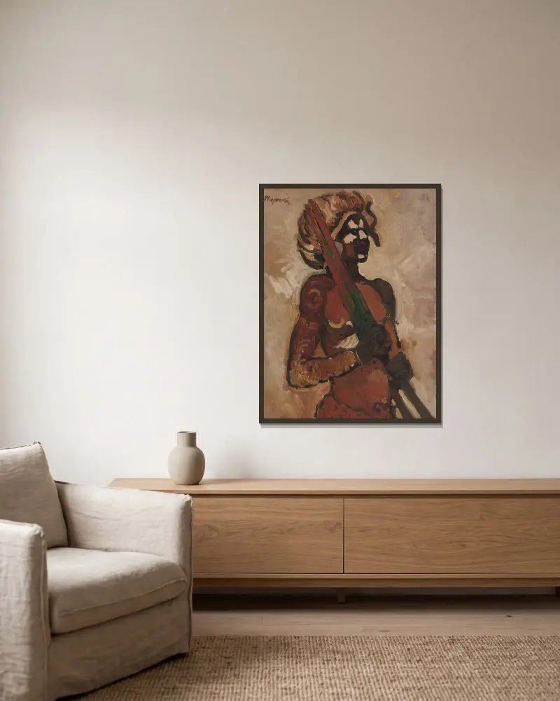 Schwarzer Krieger von Cyprián Majerník gerahmt an einer Wand