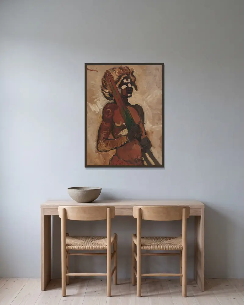 Schwarzer Krieger von Cyprián Majerník gerahmt an einer Wand