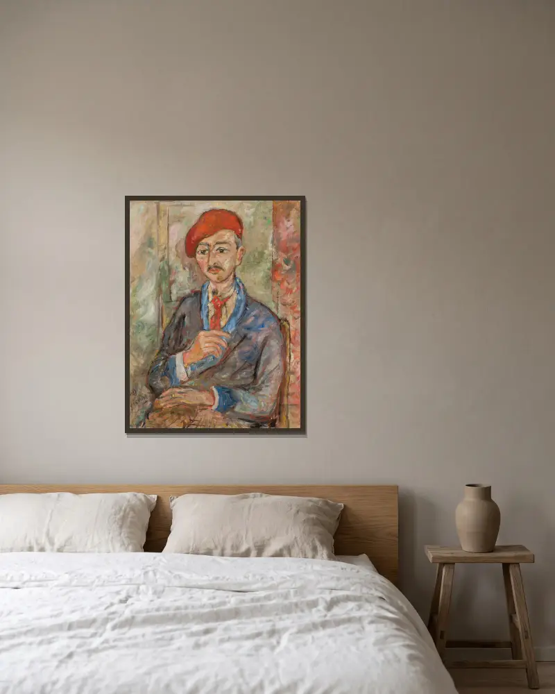 Portrait of a man in a red beret (Władysław Piasecki) av Tytus Czyżewski inramad på en vägg