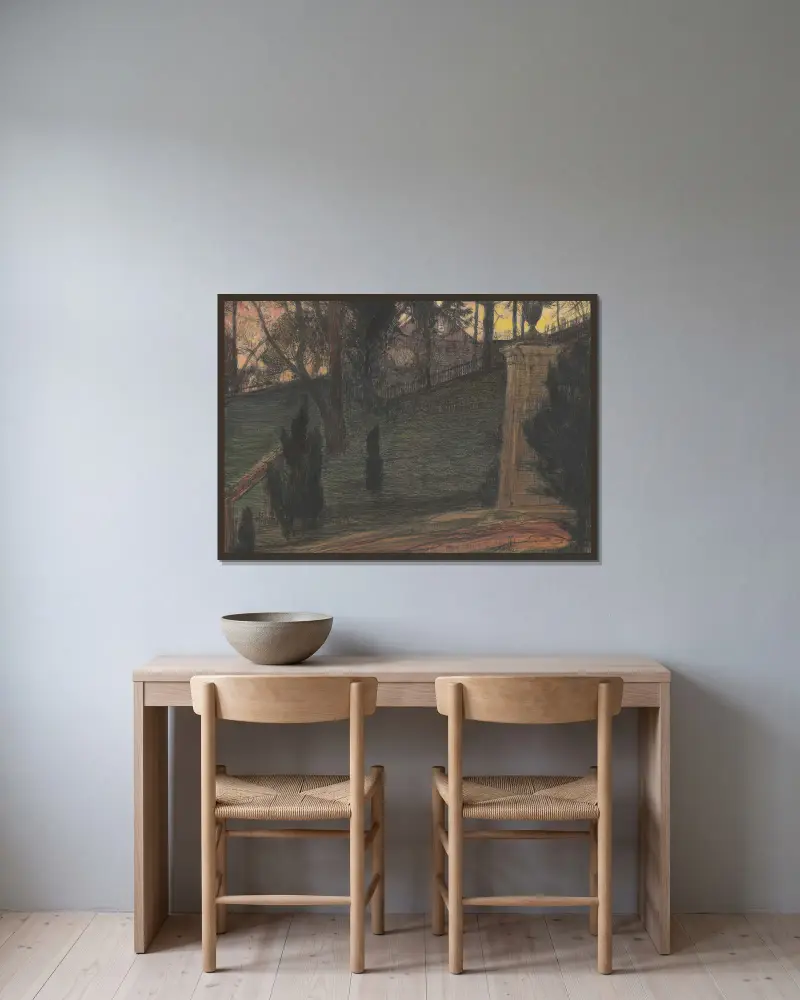 Fragment av en trädgård med en urna på en piedestal av Feliks Jabłczyński inramad på en vägg