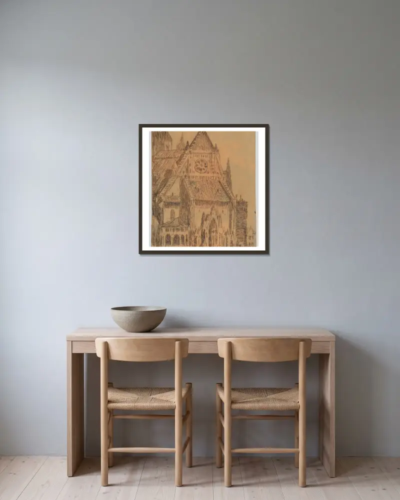 Gotische Kathedrale, Ansicht von der Westfassade von Feliks Jabłczyński gerahmt an einer Wand