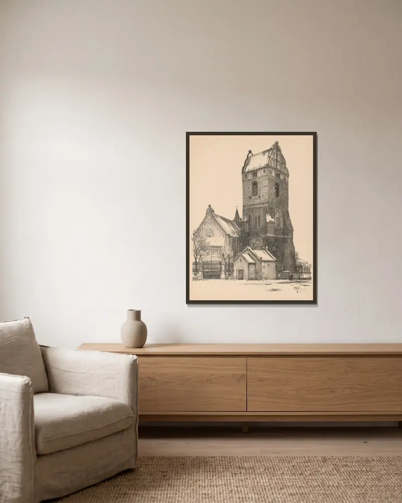 Virgin Mary’s Church in Nowe Miasto, 1916 av Feliks Jabłczyński inramad på en vägg