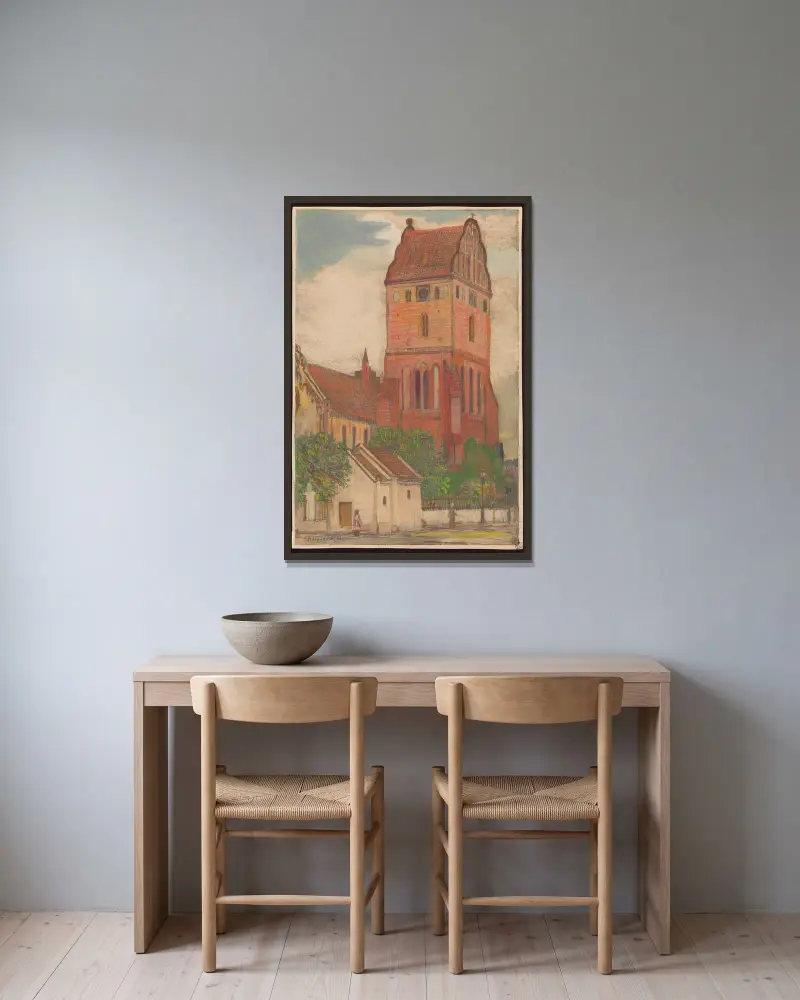 Jungfru Marias kyrka i Nowe Miasto, 1913 av Feliks Jabłczyński inramad på en vägg