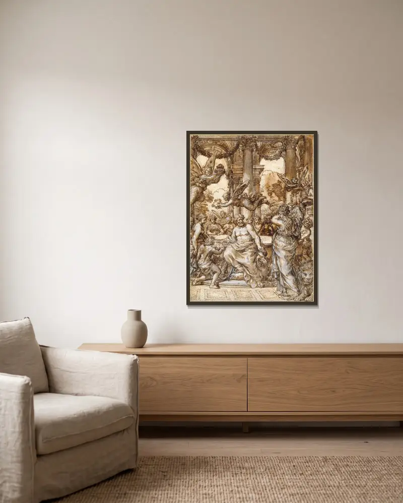 Kybele inför gudarnas råd av Pietro da Cortona inramad på en vägg