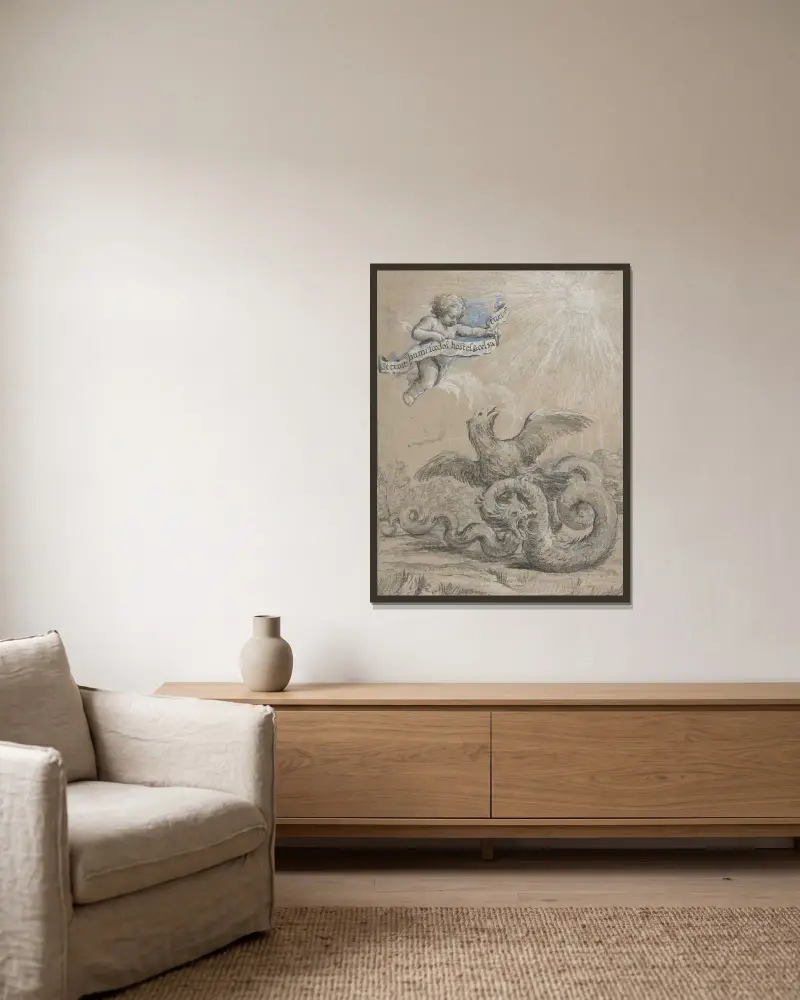 Design med en örn som slåss mot en orm och en putto på himlen som håller en banderoll med inskription av Pietro da Cortona inramad på en vägg