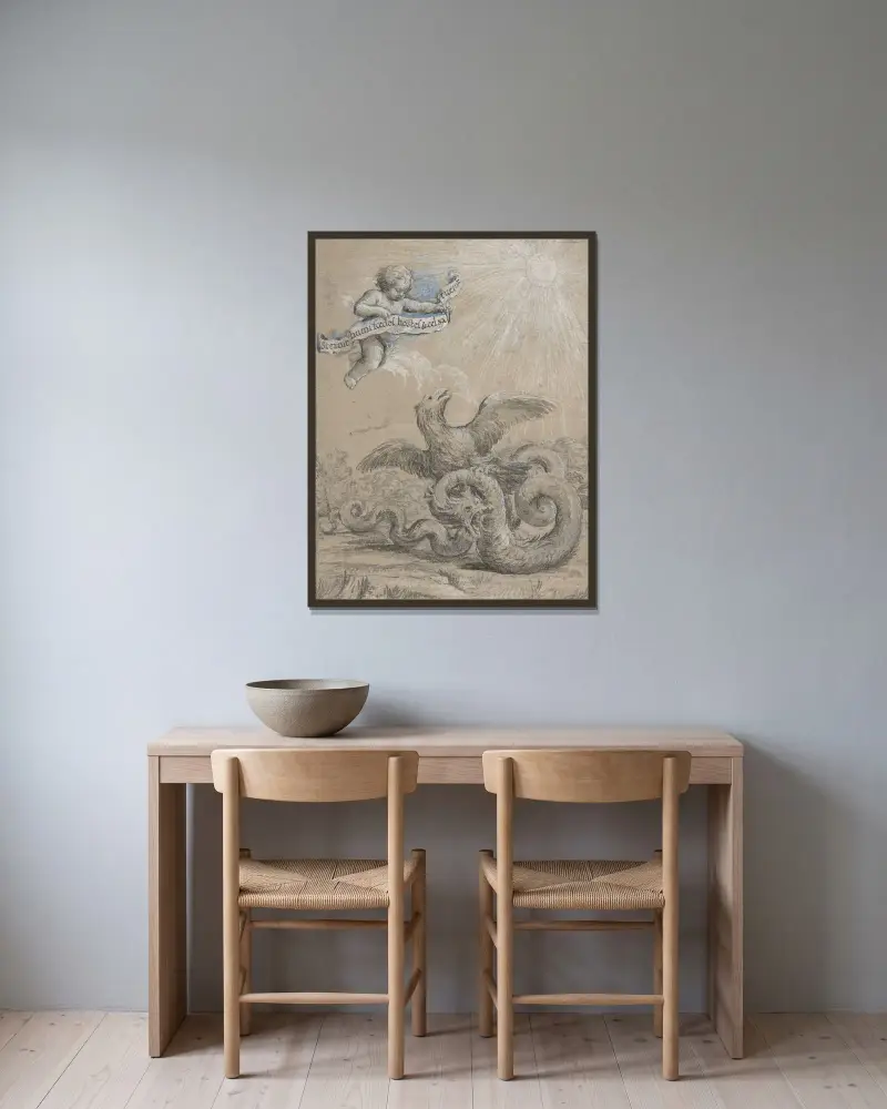 Design med en örn som slåss mot en orm och en putto på himlen som håller en banderoll med inskription av Pietro da Cortona inramad på en vägg