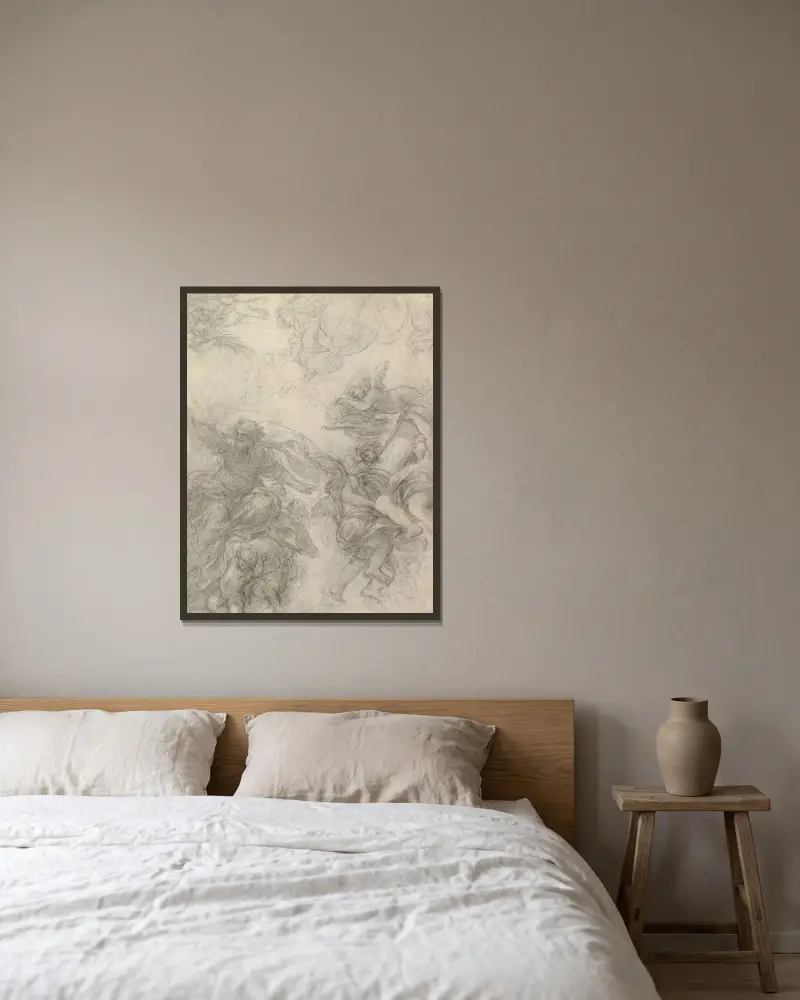 Gud Fadern med änglar som håller passionssymboler av Pietro da Cortona inramad på en vägg