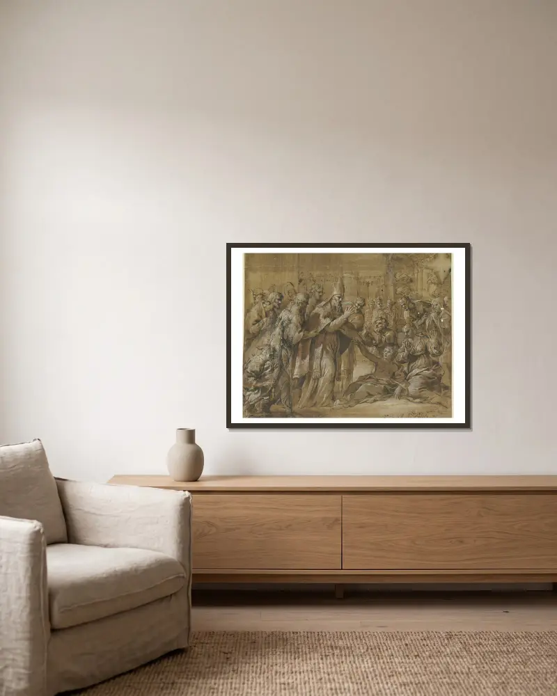 Heilung eines Kranken durch einen Bischof von Pietro da Cortona gerahmt an einer Wand