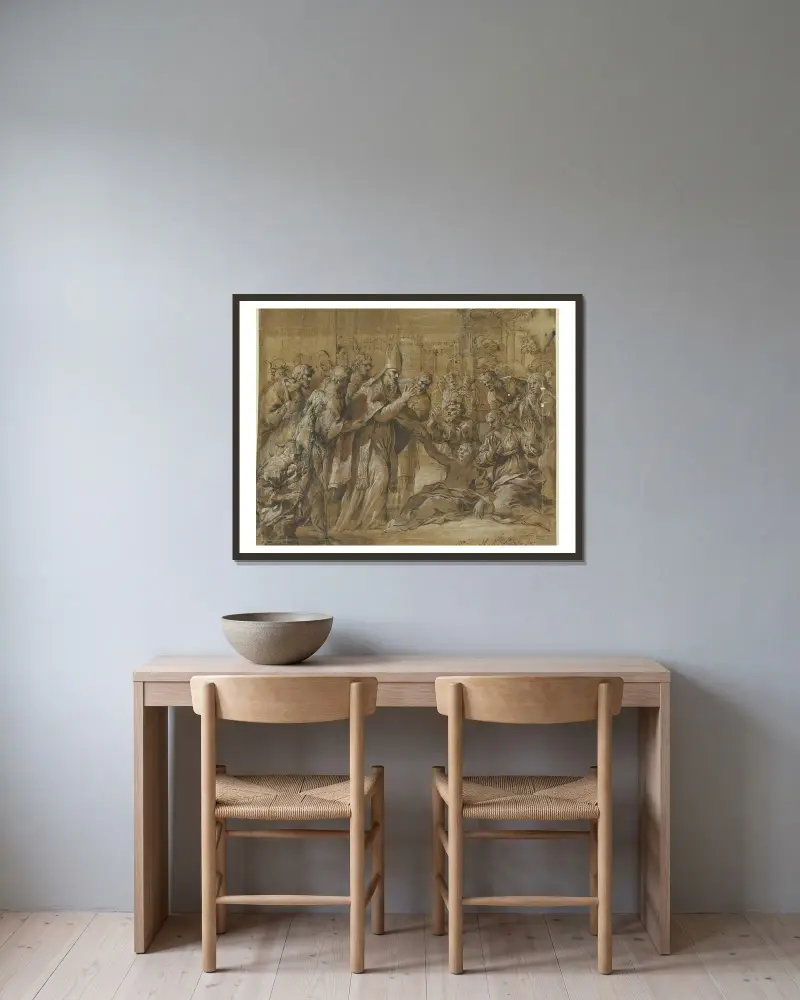 Heilung eines Kranken durch einen Bischof von Pietro da Cortona gerahmt an einer Wand