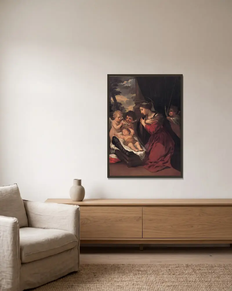 Madonnan med barnet och änglar av Pietro da Cortona inramad på en vägg