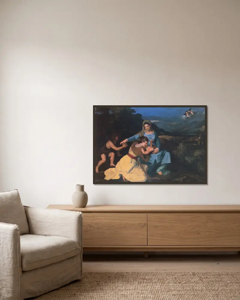 Madonna mit dem Kind, der heiligen Katharina und dem heiligen Johannes von Pietro da Cortona gerahmt an einer Wand