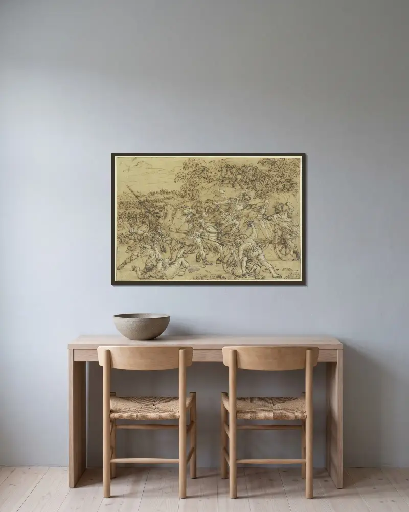 The Battle of Alexander at Issus av Pietro da Cortona inramad på en vägg