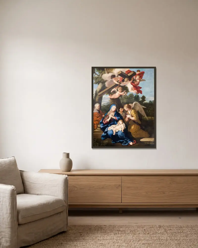 Den heliga familjen med änglar av Pietro da Cortona inramad på en vägg