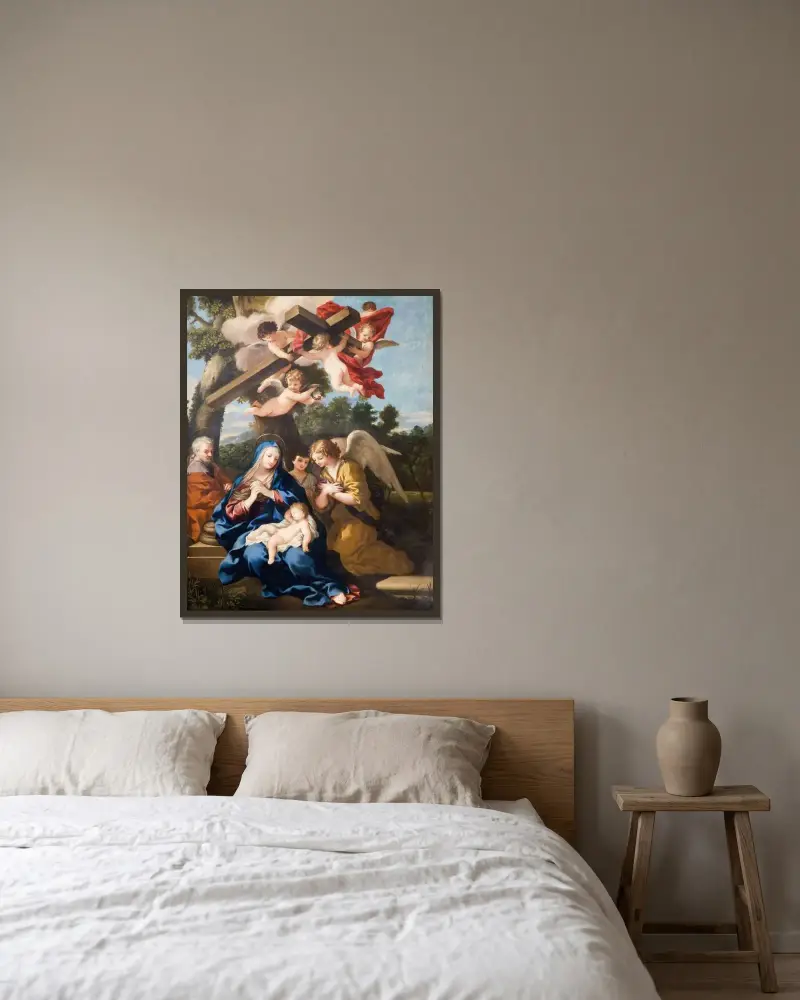 Den heliga familjen med änglar av Pietro da Cortona inramad på en vägg