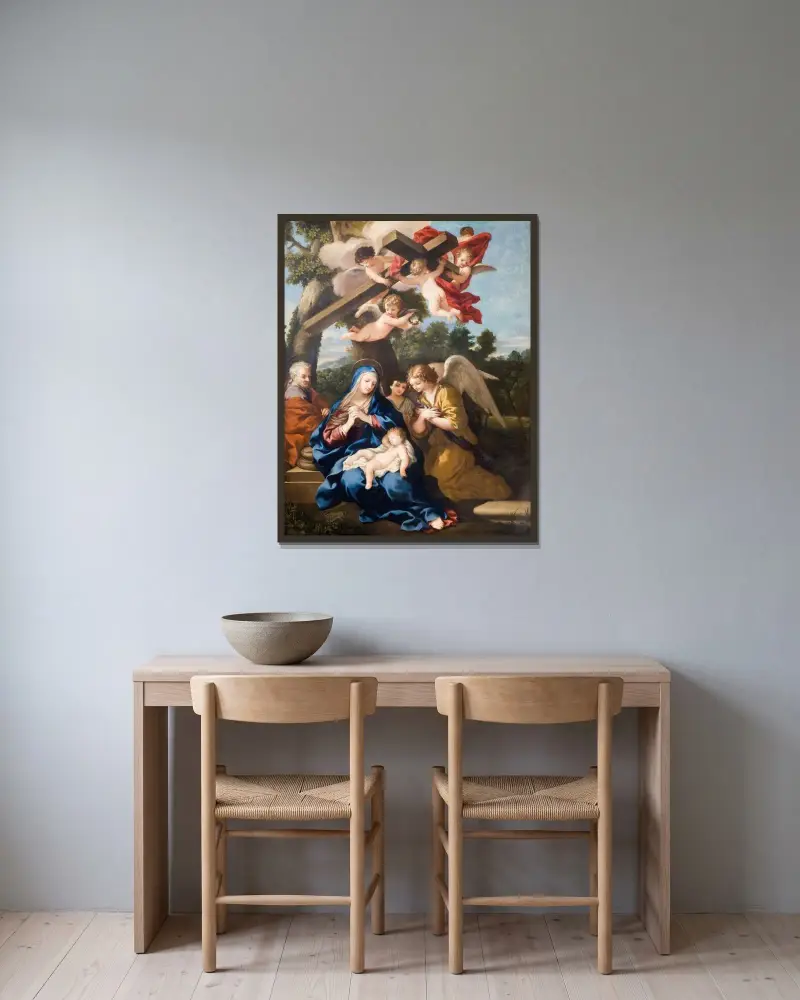 Den heliga familjen med änglar av Pietro da Cortona inramad på en vägg