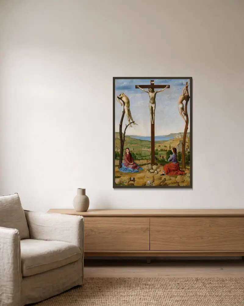 Calvary av Antonello da Messina inramad på en vägg