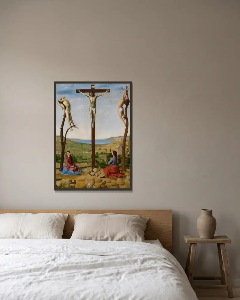 Calvary av Antonello da Messina inramad på en vägg