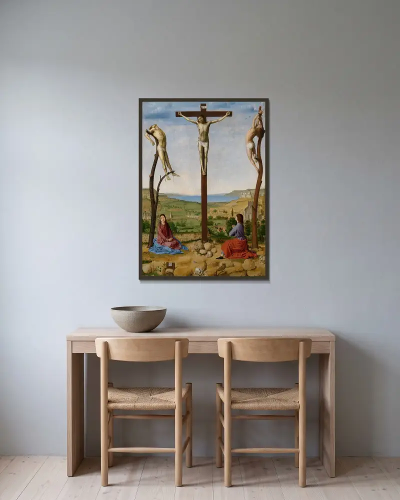 Calvary av Antonello da Messina inramad på en vägg