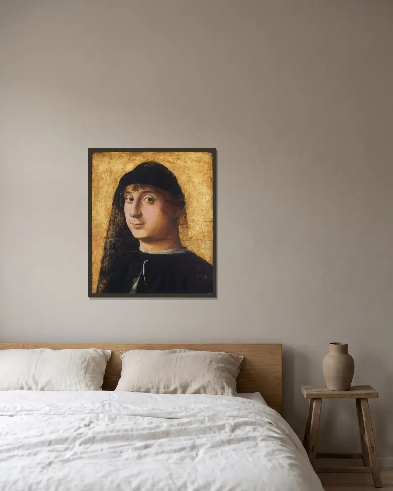Portrait of a Young Gentleman av Antonello da Messina inramad på en vägg