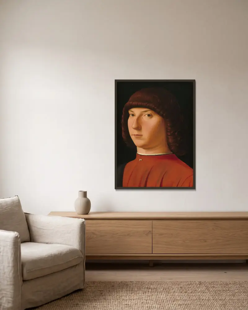 Portrait of a Young Man av Antonello da Messina inramad på en vägg