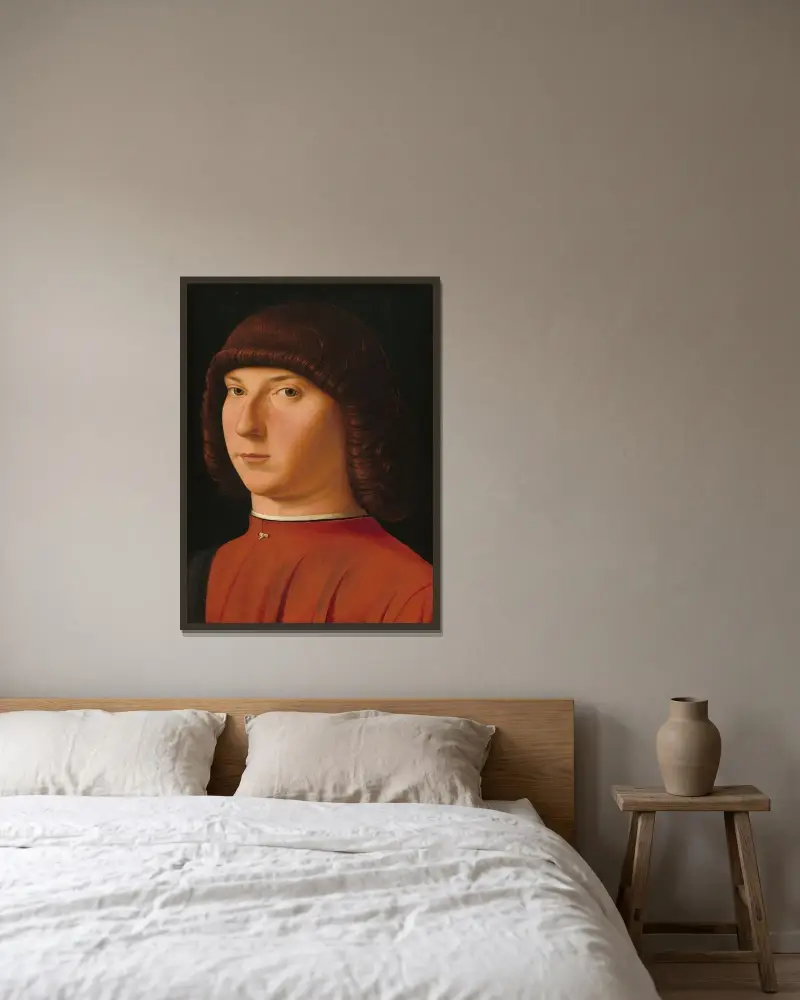Portrait of a Young Man av Antonello da Messina inramad på en vägg