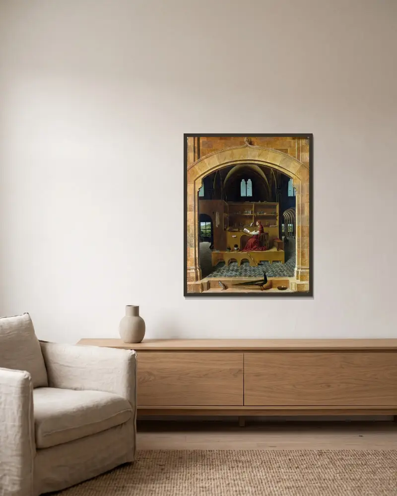 St. Jerome in His Study av Antonello da Messina inramad på en vägg