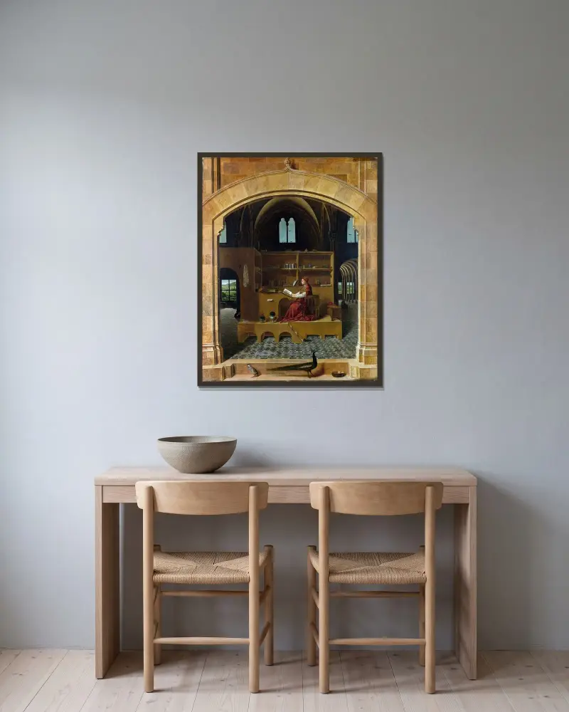 St. Jerome in His Study av Antonello da Messina inramad på en vägg