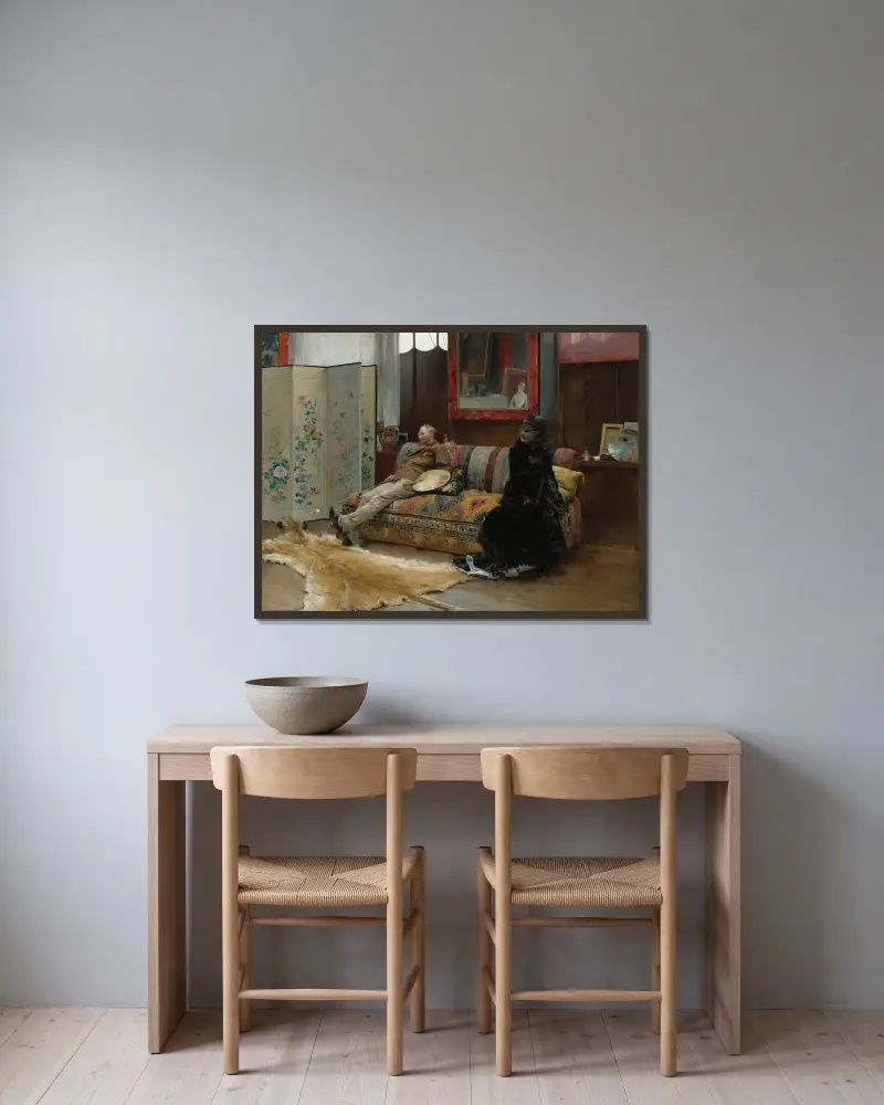 Bouderie (Gustave Courtois in seinem Atelier) von Pascal-Adolphe-Jean Dagnan-Bouveret gerahmt an einer Wand