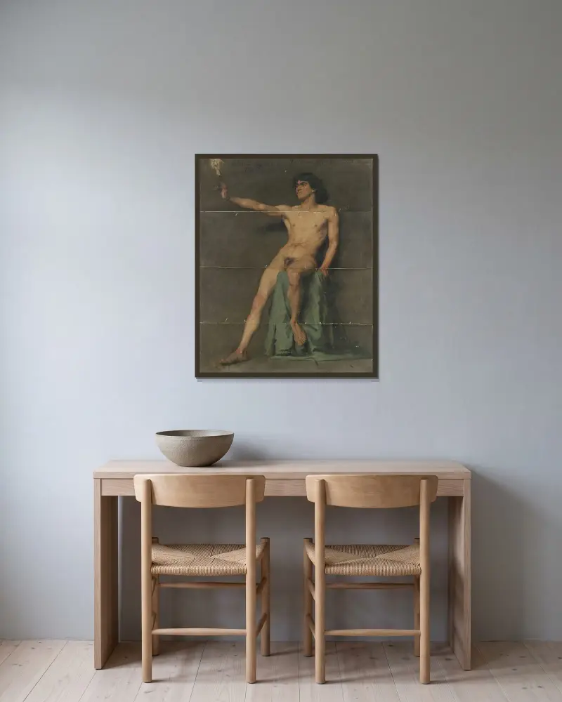 Manlig nakenstudie av Pascal-Adolphe-Jean Dagnan-Bouveret inramad på en vägg