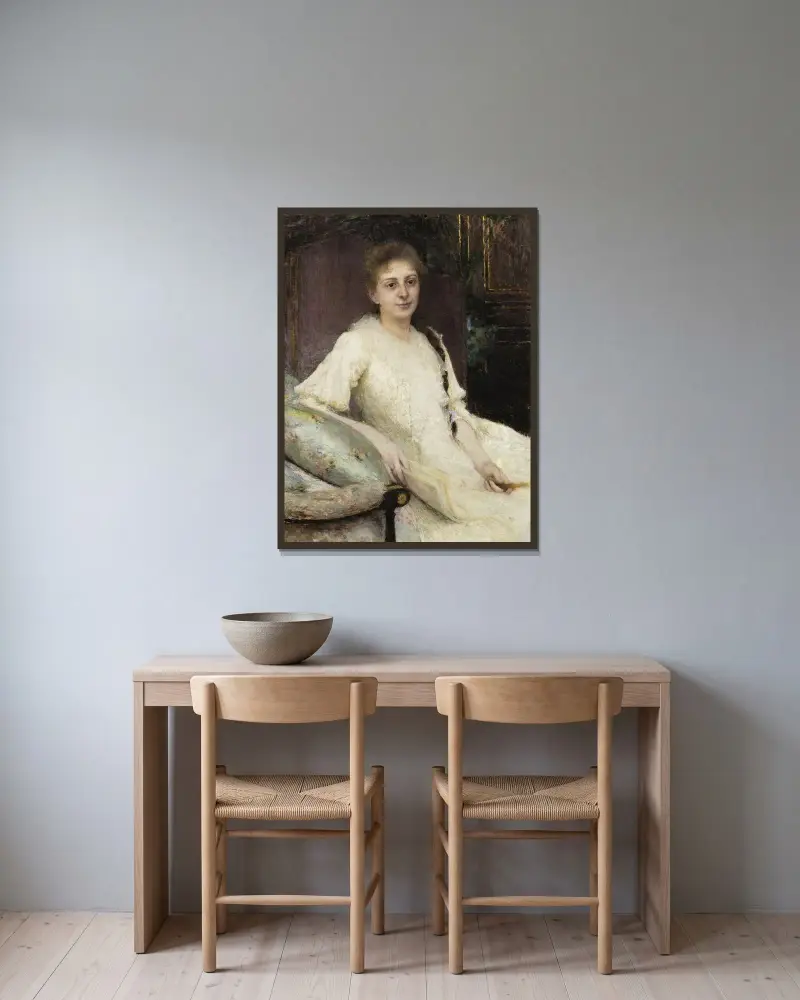 Porträtt av ung kvinna av Pascal-Adolphe-Jean Dagnan-Bouveret inramad på en vägg