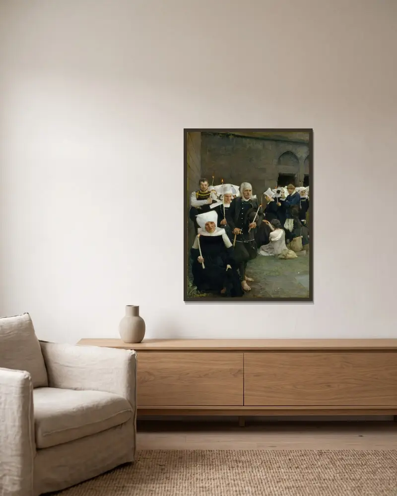 Förlåtelsen i Bretagne av Pascal-Adolphe-Jean Dagnan-Bouveret inramad på en vägg