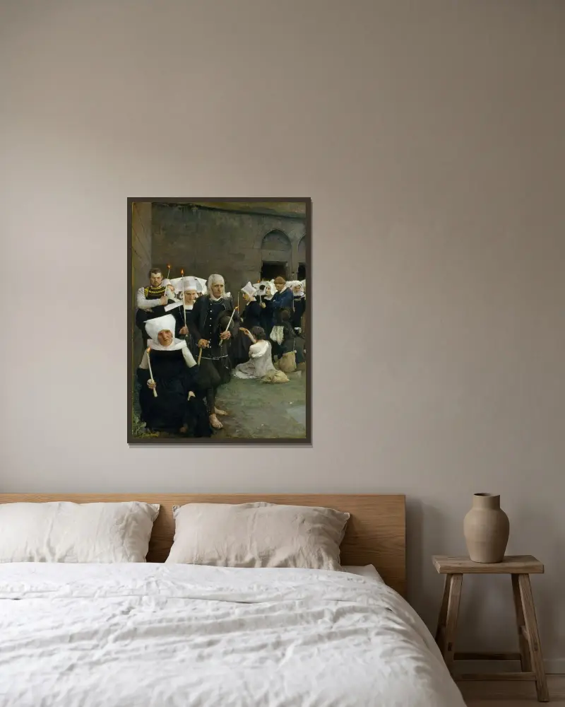Förlåtelsen i Bretagne av Pascal-Adolphe-Jean Dagnan-Bouveret inramad på en vägg